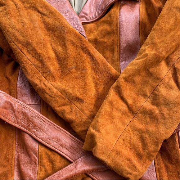 Vintage leather suede longline coat rusty orange patchwork - Picture 3 of 8